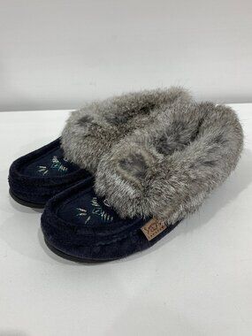 Laurentian Chief Navy Suede Fur Moccasins Size 7
